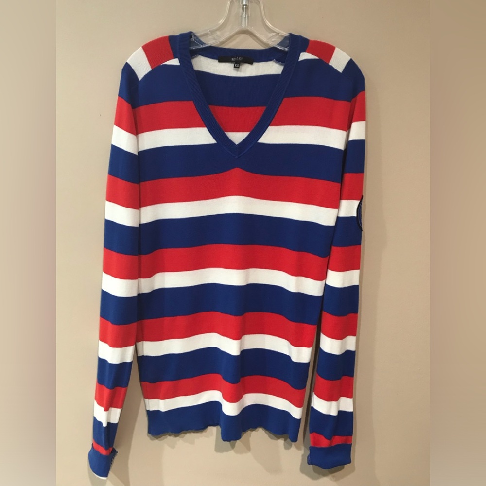Gucci V-Neck Sweater in Blue, Red & White Stripes